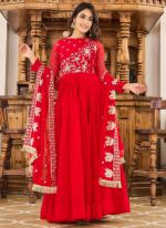 Georgette Red Wedding Wear Embroidery Work Readymade Gown With Dupatta